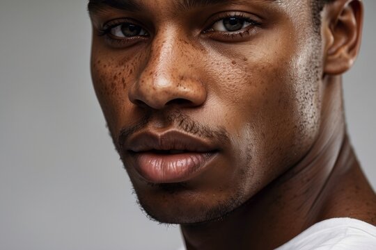 Close-up cropped portrait of a handsome black man looking directly into the camera. A strong look, a model on a gray background.