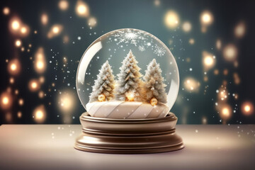 A glass ball with snow-covered green and golden Christmas trees and falling snowflakes inside