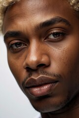 Fototapeta premium Close-up of the head, the face of a portert handsome African-American blond man with short dreadlocks looking directly into the camera. Model, care, beauty, fashion concepts.