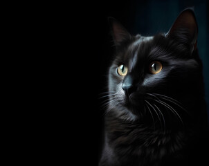 Portrait of black fluffy cat on a black background with copy space