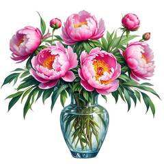  Watercolor illustration pink peony flowers with green vivid leafs arrange in vase.Creative graphics design.