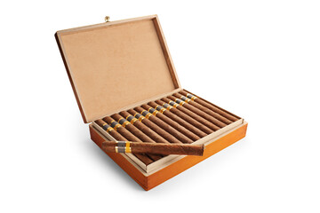 Open wooden box with cigars