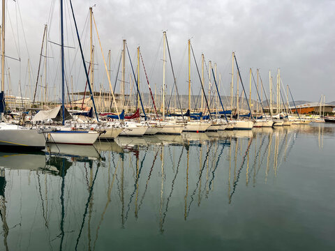 Row of boats moored in a Marina Delta Kallitheas, Kallithea, Athens, Attica, Greece