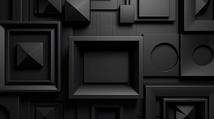 Black 3D squares and shapes abstract background texture.