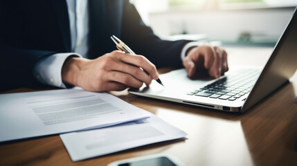 Close-up of a man's hands typing on a laptop keyboard, with a stack of paperwork beside them