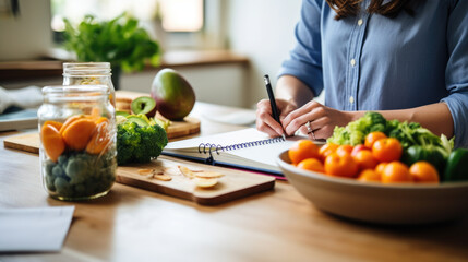 Person writing in a notebook surrounded by a variety of colorful fruits and vegetables, planning healthy diet.