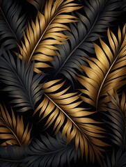 seamless pattern with gold and black tropical leaves on dark background. Exotic botanical background design