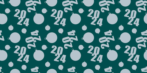 New Year and Christmas vector seamless pattern in turquoise tones with numbers 2024 and Christmas balls