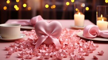 Obraz na płótnie Canvas Heart Made Pink Ribbon On Table, Background Image, Desktop Wallpaper Backgrounds, HD