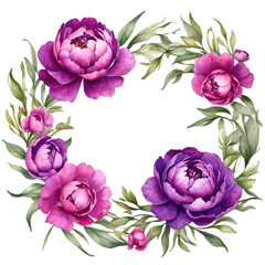Watercolor illustration purple peony flowers with green vivid leafs border. Creative graphics design.