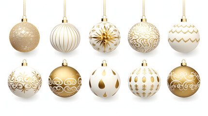 set of white and gold realistic christmas decorations.