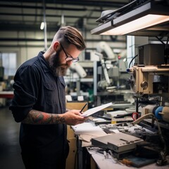 Naklejka na ściany i meble a man writing on a clipboard in a factory