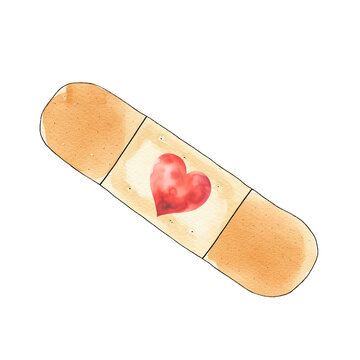 plaster with red heart watercolor illustration, bandage, aid, cute clipart illustration with transparent background