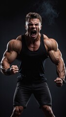 Fototapeta na wymiar Digital illustration of a screaming muscular man in front of a vintage background