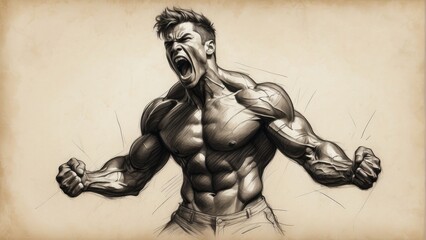 Fototapeta na wymiar Digital illustration of a screaming muscular man in front of a vintage background