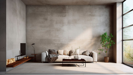 Illustrate a minimalist interior with a concrete texture, suitable for conceptual projects and presentations. Generative AI