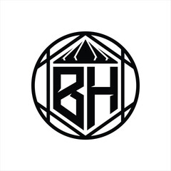 BH Letter Logo monogram hexagon slice crown sharp shield shape isolated circle abstract style design