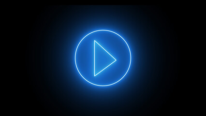 Glowing blue neon shine play button with neon circle. Wide gaming background with glowing play button. Press to play. Start button. Play button icon - obrazy, fototapety, plakaty