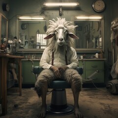 a person sitting in a chair with sheep head - obrazy, fototapety, plakaty