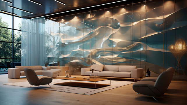 Illustration of a stylish office interior with glass texture emphasizing modernity and professionalism. Generative AI