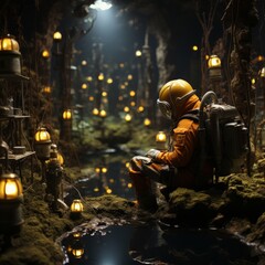 a person in a suit sitting in a cave with lanterns
