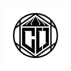 CO Letter Logo monogram hexagon slice crown sharp shield shape isolated circle abstract style design