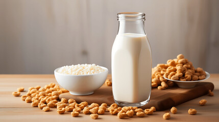 Botella de leche con cereales - obrazy, fototapety, plakaty