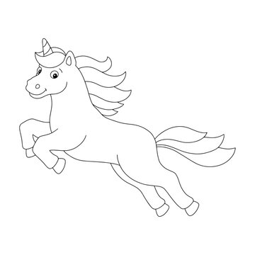 Unicorn with a lush mane and tail. Coloring book page for kids. Cartoon style character. Vector illustration isolated on white background.
