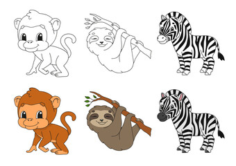 Set coloring page for kids. Cute cartoon characters. Black stroke. With sample. Bright stickers. Vector illustration.