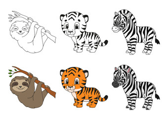 Obraz premium Set coloring page for kids. Cute cartoon characters. Black stroke. With sample. Bright stickers. Vector illustration.