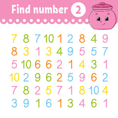 Find number. Education developing worksheet. Activity page with pictures. Game for children. Funny character. cartoon style. Vector illustration.