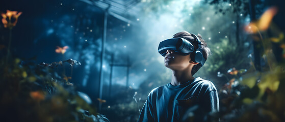 AI artificial intelligence young wearing VR glasses virtual global world internet connection and a new experience in the future metaverse. Metaverse technology concept