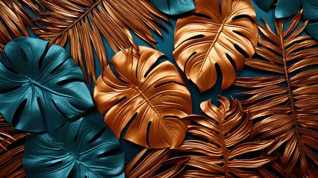 Flat Lay Golden Tropical Leaf Design, Background Image, Desktop Wallpaper Backgrounds, HD