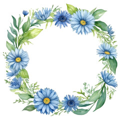 Watercolor illustration blue transvaal daisy flowers with green vivid leafs border. Creative graphics design.