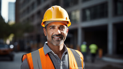 Smiling construction worker, wearing a hard hat,and a reflective vest, stands confidently at a construction site.