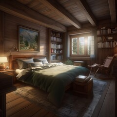 Cozy bedroom interior in traditional Swiss chalet.