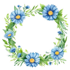 Watercolor illustration blue transvaal daisy flowers with green vivid leafs border. Creative graphics design.