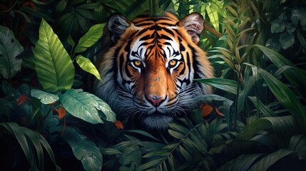 A tiger in the jungle, with its stripes and powerful muscles on full display. Generative Ai - obrazy, fototapety, plakaty