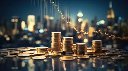 Financial growth with stacks of coins in the foreground and a blurred graph indicating stock market trends in the background. - obrazy, fototapety, plakaty