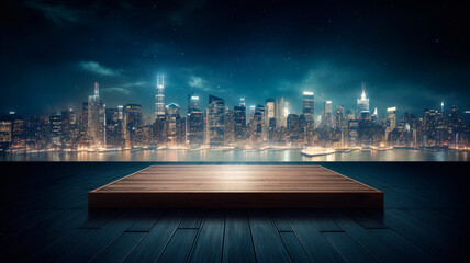 Platform for a novel product set against the backdrop of city lights blurred in the night. Generative AI 