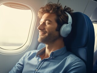 Mann sitzt entspannt im Flufzeug mit Kopfhörer und geschlossenen Augen - obrazy, fototapety, plakaty
