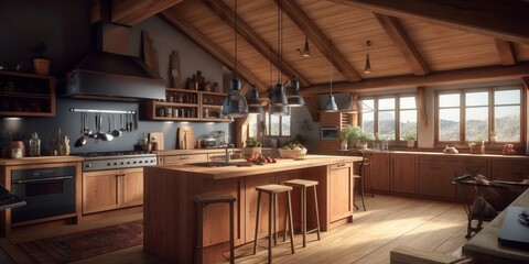 Cozy kitchen interior in modern Swiss chalet