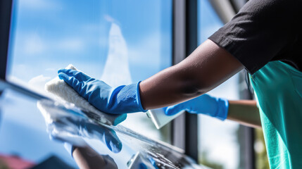 Person wearing blue rubber gloves cleaning a window with a sponge, with a clear blue sky reflected in the glass - obrazy, fototapety, plakaty