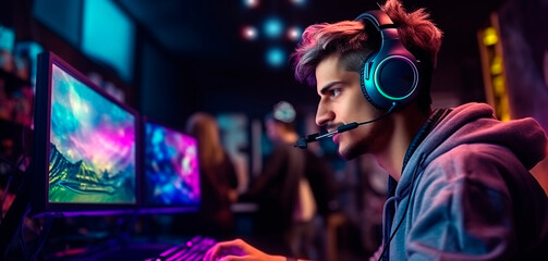 gamer in the process of playing, happy and satisfied face, for computer game clubs. Generative AI