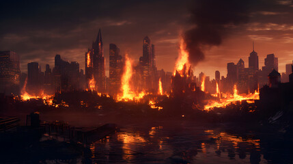 Fototapeta na wymiar Burning city Warzone city with smoke and fire..