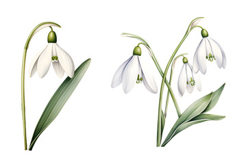 Galanthus nivalis Flower, watercolor clipart illustration with isolated background - obrazy, fototapety, plakaty