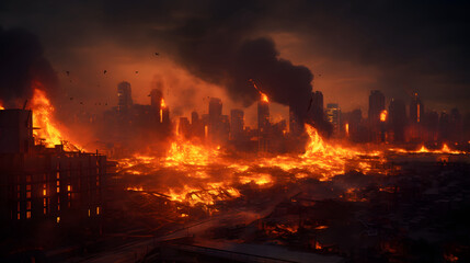 Burning city Warzone city with smoke and fire..
