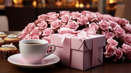 Naklejka premium Gift Box Pink Roses Cup Red, Background Image, Desktop Wallpaper Backgrounds, HD