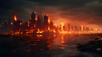 Burning city Warzone city with smoke and fire.. - obrazy, fototapety, plakaty