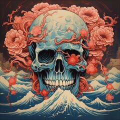 a skull with flowers and waves